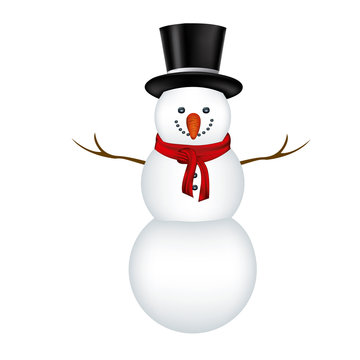 big snowman with black hat and scarf in white background vector illustration
