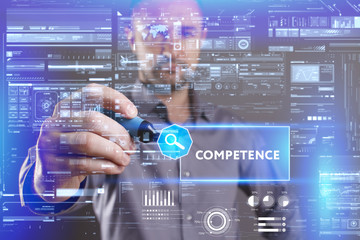 Business, Technology, Internet and network concept. Young businessman working on a virtual screen of the future and sees the inscription: Competence