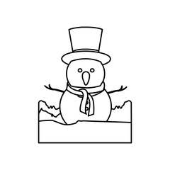 monochrome contour landscape with snowman with hat and scarf vector illustration