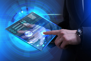 Business, Technology, Internet and network concept. Young businessman working on a virtual screen of the future and sees the inscription: Change management