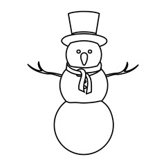 monochrome contour of big snowman with top hat and scarf vector illustration