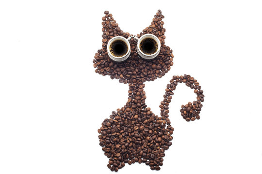 Cat made of coffee beans over white background - Powered by Adobe