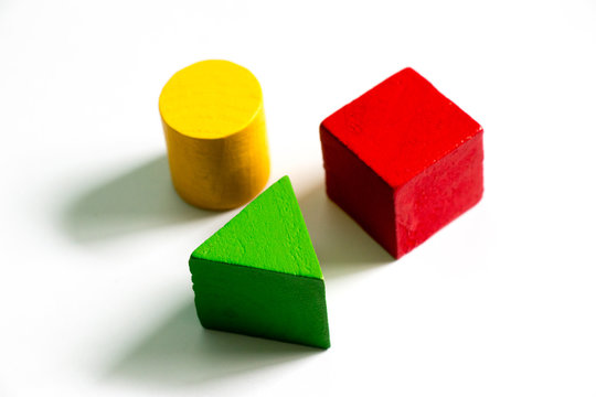Set of colorful wooden shape toy (Square, triangle, round) on white background