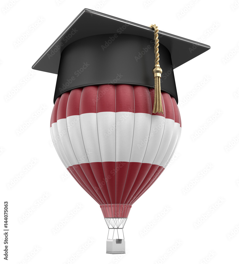 Poster hot air balloon with latvian flag and graduation cap. image with clipping path