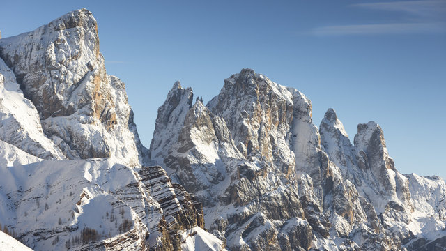 a winter view of some of the most beautiful peak of the Pale di San Martino such as Ball peak, Val di Roda peak and Sass Maor peak, Trento province, Trentino Alto Adige, Italy, Europe