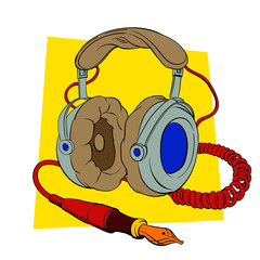 Headphones connected to the ink pen - listen to your inner voice, illustration