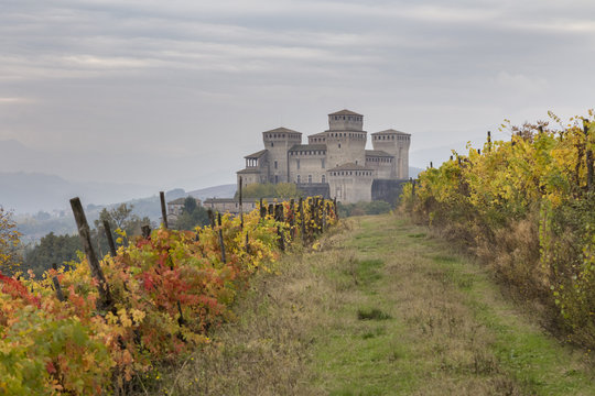 Autumn at the Castle of Torrechiara, Langhirano, Parma district, Emilia Romagna, Italy.