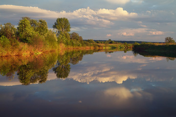 blossoming trees are reflected in the calm waters of the lake