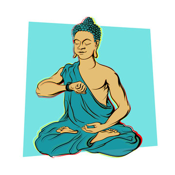 Hand drawn Buddah sitting in meditation pose looking at watches. Drawing in vector on blue background