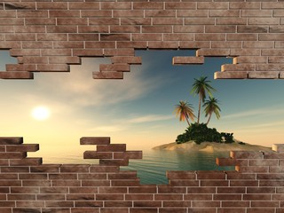 A tropical landscape in a broken brick wall, a rift in a brick wall, a sea sunset, a banner, 3d rendering

