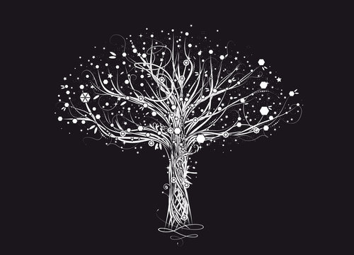 ein alter weißer Baum.
Die Zweige leuchten im Mondschein und die Sterne der klaren Nacht tanzten in der Baumkrone.