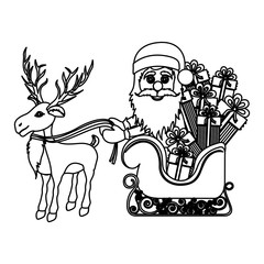 monochrome silhouette of reindeer with santa claus in sleigh with gifts vector illustration