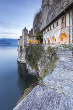 The old monastery of Santa Caterina del Sasso Ballaro, overlooking Lake Maggiore, Leggiuno, Varese Province, Lombardy, Italy.