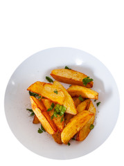 fry potato in a bowl. top view. isolated on white