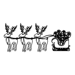 monochrome silhouette of three reindeers and sleigh with gifts vector illustration