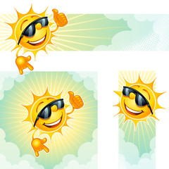 Summer sun with sunglasses between clouds gesturing thumbs up. Vector illustration.