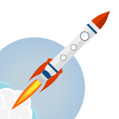 Rocket ship in a flat style.Vector illustration with 3d flying rocket.Space travel to the moon.Space rocket launch.Project start up and development process.Innovation product,creative idea.Management.
