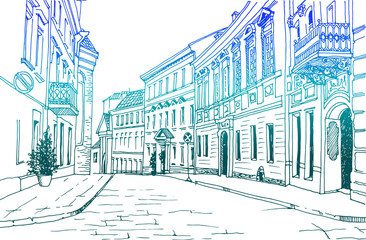 Old city street in hand drawn color sketch style. Small European city. vintage landscape on white background