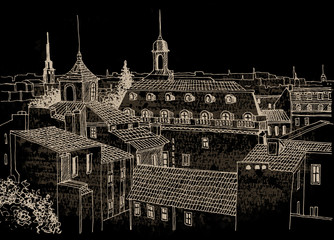 Roofs of an Old European city. Hand drawn sketch on black texture background