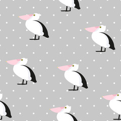 Seamless pattern polka dot with cute pelican. Ornament for textile and wrapping. Vector.