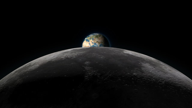 Planet Earth rising over the Moon horizon, partially visible on a black background. Digital 3D illustration. Elements of this illustration are furnished by NASA.