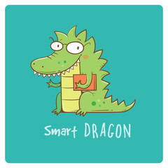 Card with cute cartoon dragon in glasses. Smart reptile with book. Funny animal. Vector contour image. Children's illustration.