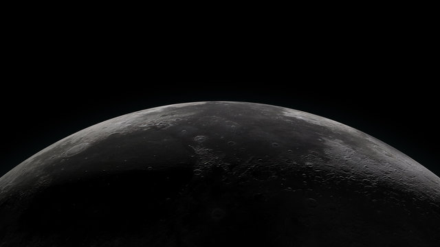 Close up of the Moon. Partially lit horizon on black background. Digital 3d illustration. Elements of this illustration are furnished by NASA.