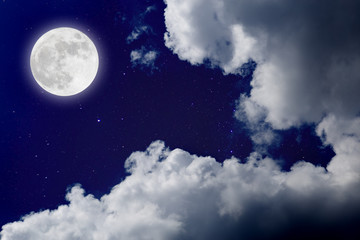 Fototapeta na wymiar Romantic night with full moon in space over stars with cloudscape background. wonderful night.