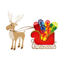 colorful silhouette of reindeer and sleigh with gifts vector illustration