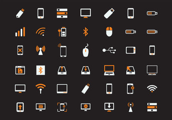 Technological icon set. Orange, white.
