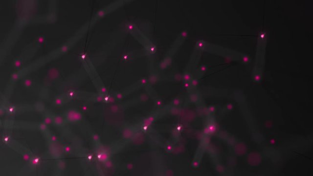 Network Connection Cloud Loop 7A: dark background, slow moving shifting black mesh cloud with fun romantic purple pink magenta dots with depth-of field effect, FullHD and seamlessly loopable
