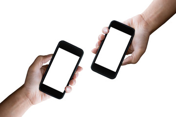 Two hands holding horizontal the black smartphone with blank screen, isolated on white background.