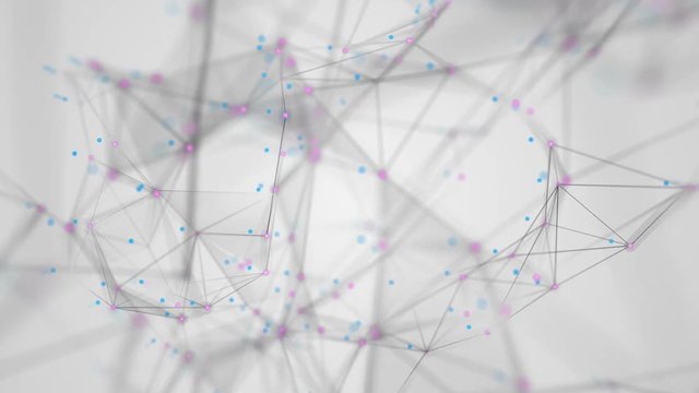 Network Connection Cloud Loop 6C: light background, rotating greyscale flickering light mesh cloud of connections magenta pink and blue dots depth-of field effect, FullHD and seamlessly loopable