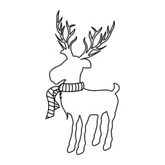 monochrome contour of reindeer with big horns and striped scarf vector illustration