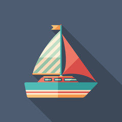 Sailing yacht flat square icon with long shadows.