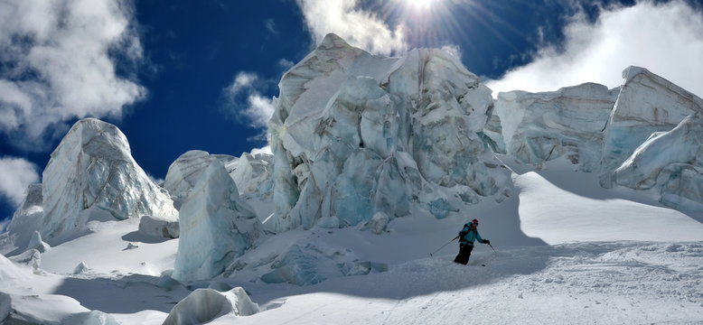 Skiing through big seracs,Porta Nera, Monte Rosa, Switzerland, Europe,