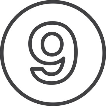 Nine, Number 9 Line Icon, Linear Circular Sign