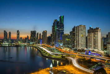 The skyline of Panama City at night, Panama City, Panama