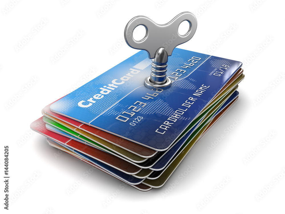 Poster credit cards with winding key. image with clipping path