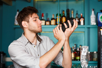 Young barman in bar shaking and mixing alcohol cocktail