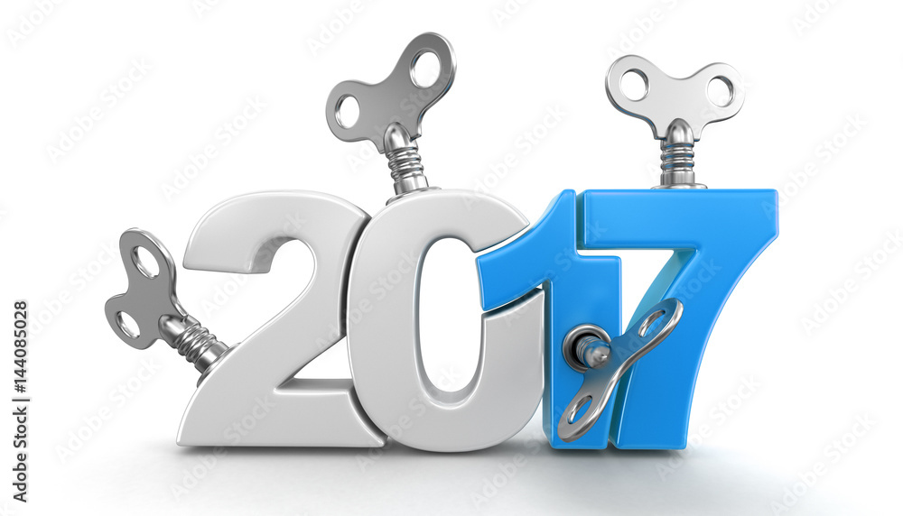 Aufkleber new year 2017 with winding keys. image with clipping path.