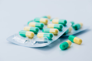 Medicine pills macro on background blister pack