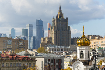 View of old and new skyscrapers, Moscow, Russia