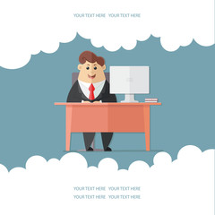 Man in a suit with a red tie. manager, accounts department, banker, businessman office worker, boss, at a desk with a computer. Flat vector illustration