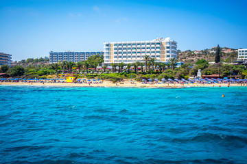 Coastal line of Ayia Napa with beach and hotels. Famagusta District. Cyprus.
