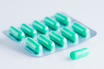 Medicine pills macro on background blister pack