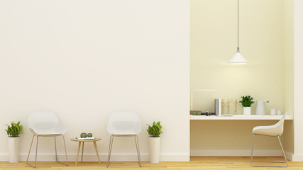 Fototapeta na wymiar living area and workspace pastel yellow design - 3D Rendering