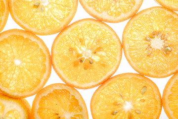 Bright sweet mandarin slices on white