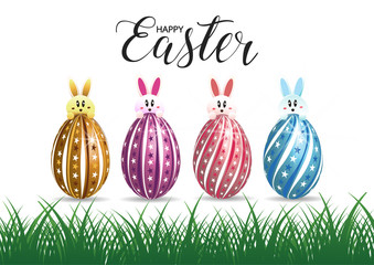 Happy Easter Greeting Card with Cartoon Rabbit And Eggs vector illustration