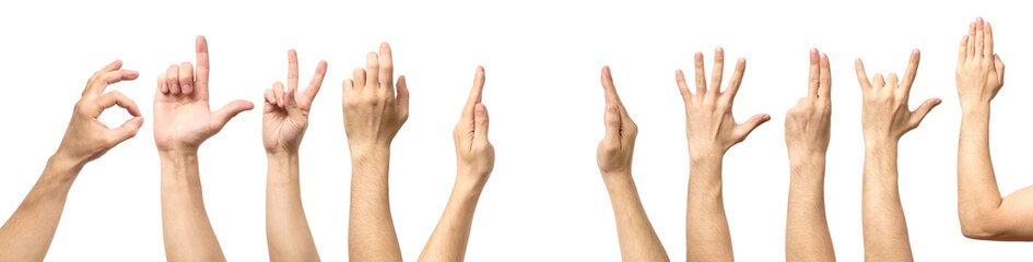 Male hand gesture and sign collection isolated over white background